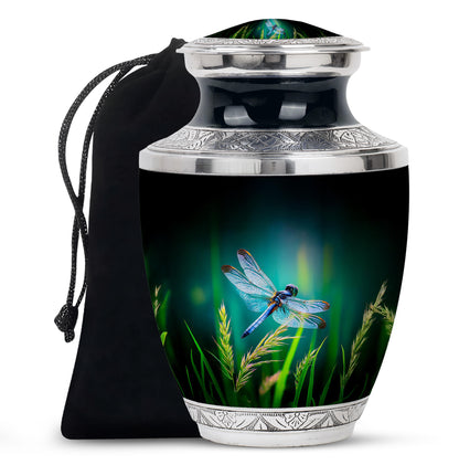 Vivid Teal Dragonfly Cremation Urn side profile showing urn shape - stylized abstract dragonfly pattern with bold lines - full-size 10 inch 200 cubic inch adult cremation urn