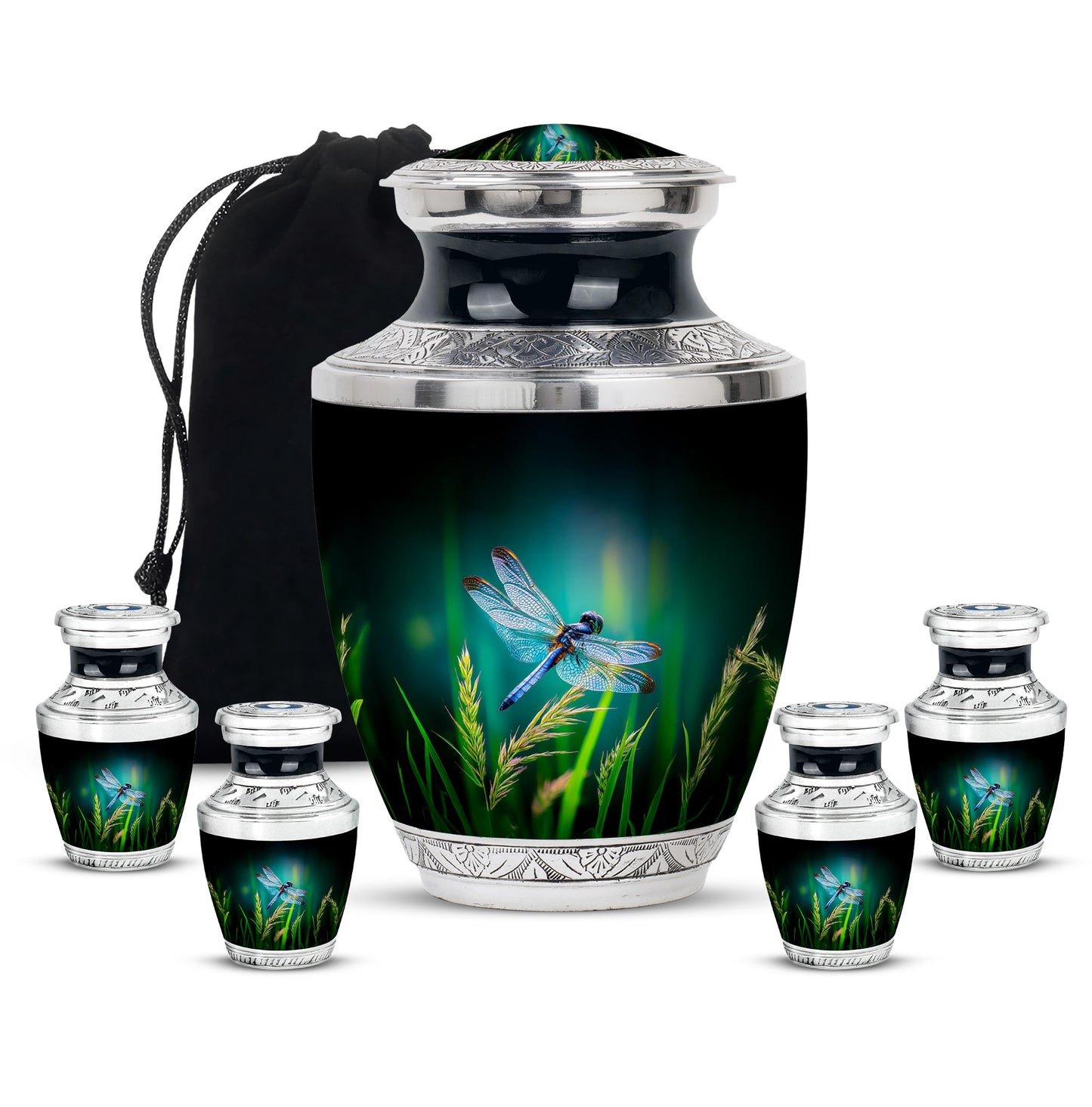 Soft Teal Dragonfly Cremation Urn lifestyle display on memorial shelf - modern art-inspired dragonfly motif on sleek aluminum - memorial set with one large and four small urns