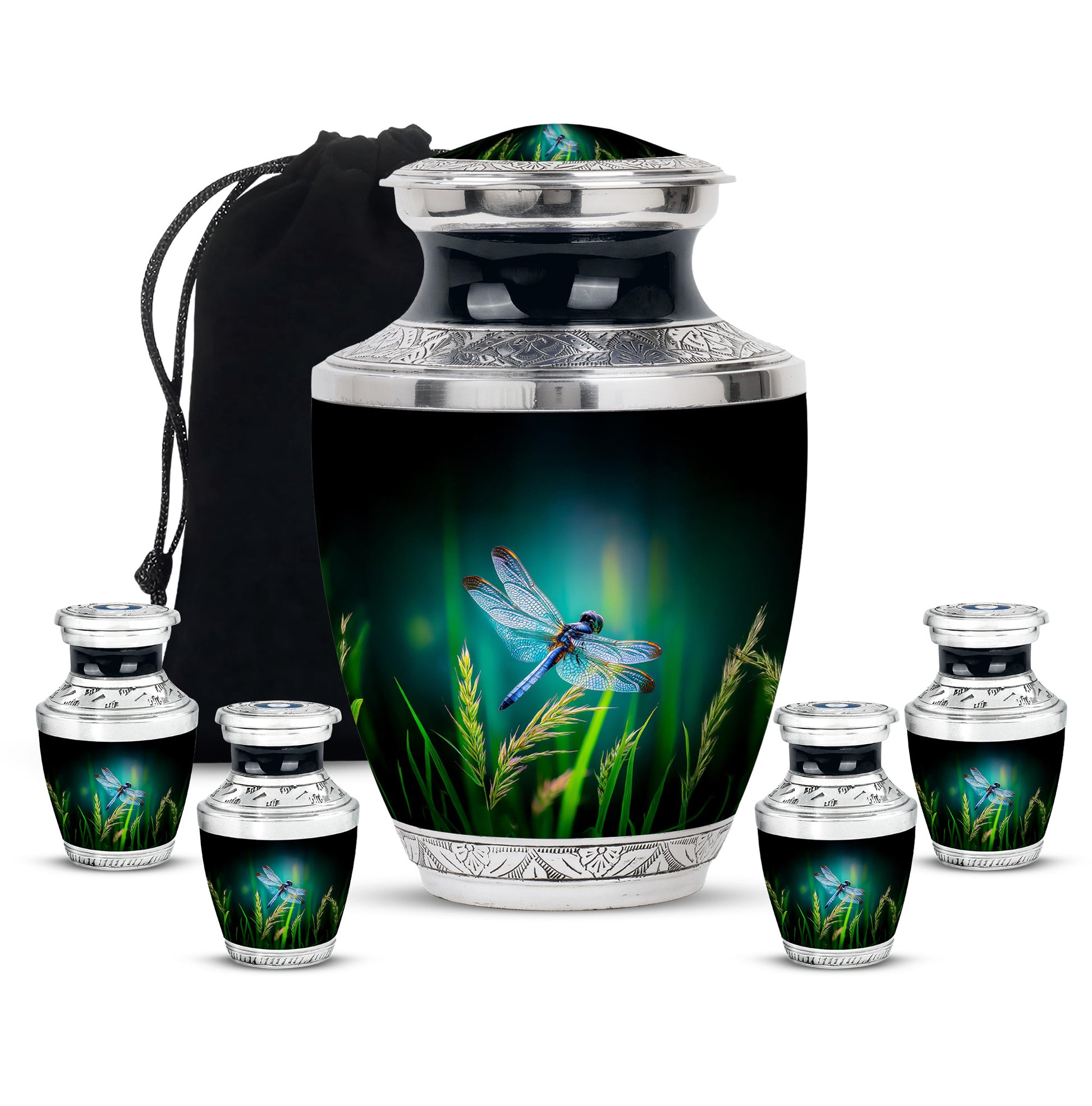 Soft Teal Dragonfly Cremation Urn lifestyle display on memorial shelf - modern art-inspired dragonfly motif on sleek aluminum - memorial set with one large and four small urns