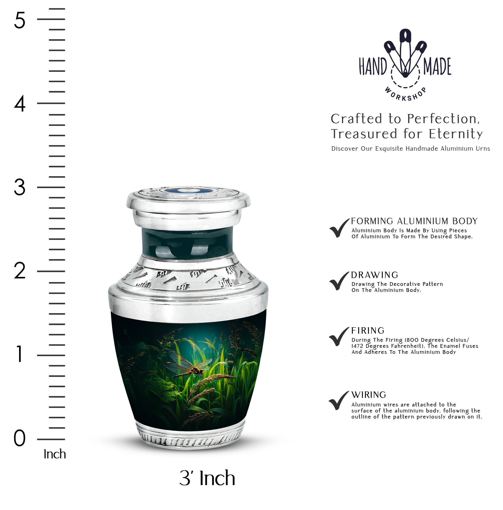 Rich Black Dragonfly Cremation Urn top-down view of secure threaded lid - contemporary dragonfly design with modern artistic flair - mini keepsake memorial for portion of cremation ashes