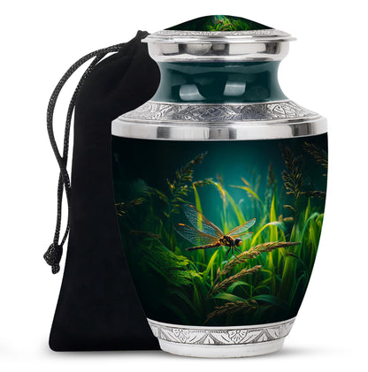 Charcoal Black Dragonfly Cremation Urn side profile showing urn shape - artistic dragonfly interpretation with creative detail - full-size 10 inch 200 cubic inch adult cremation urn