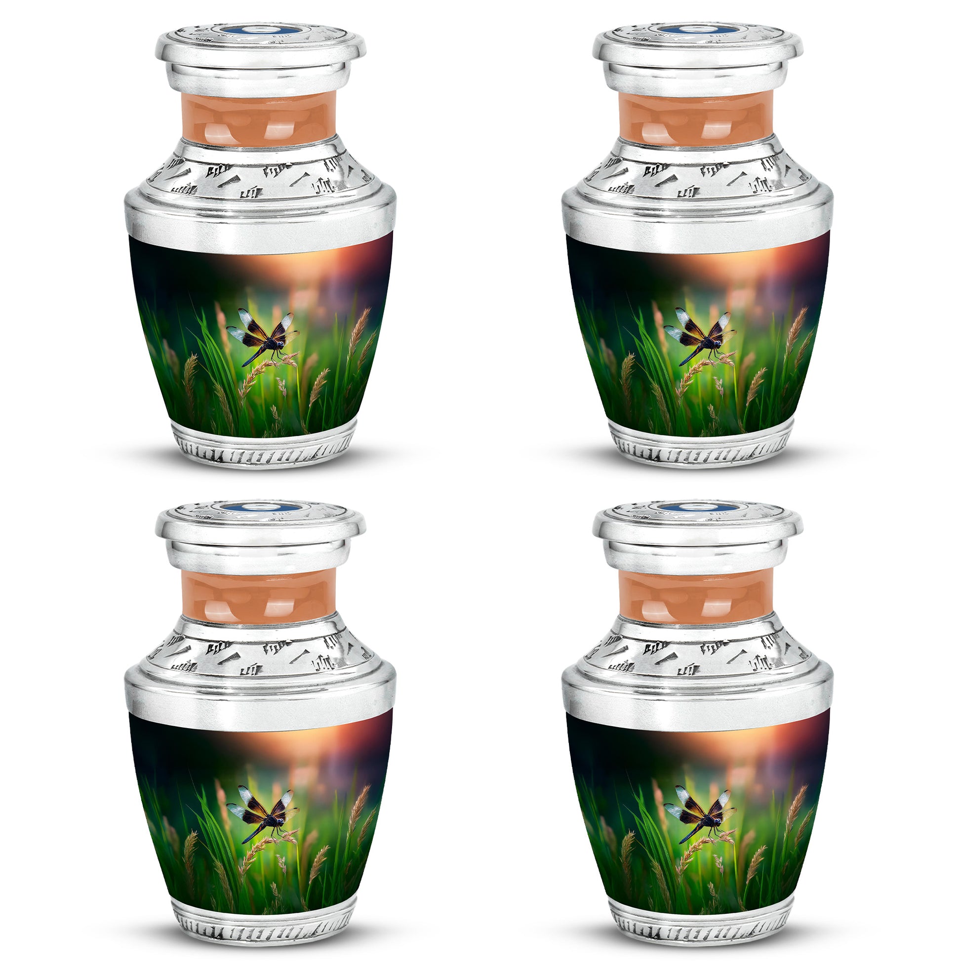 Ocean Teal Dragonfly Cremation Urn back view with polished surface - modern art-inspired dragonfly motif on sleek aluminum - 10 inch aluminum urn for cremated remains