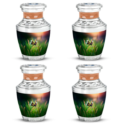 Ocean Teal Dragonfly Cremation Urn back view with polished surface - modern art-inspired dragonfly motif on sleek aluminum - 10 inch aluminum urn for cremated remains