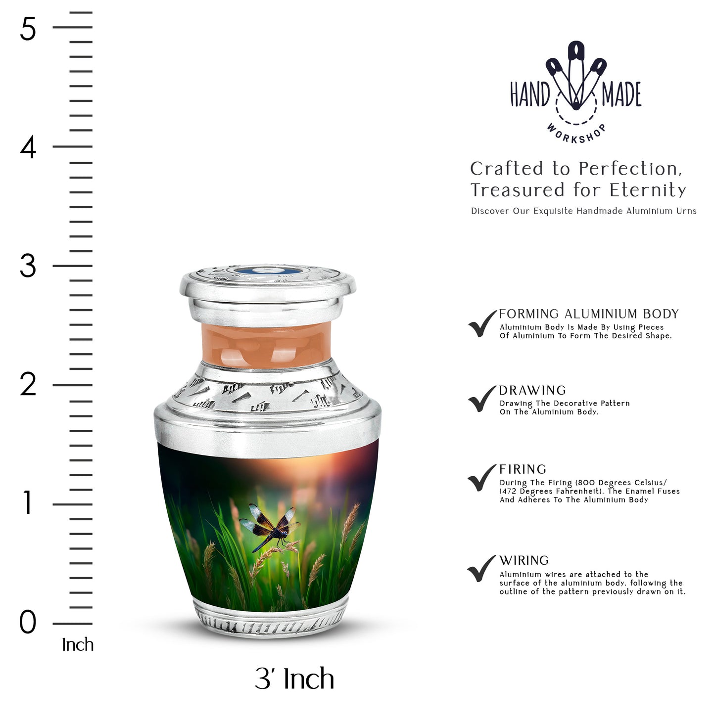 Deep Teal Dragonfly Cremation Urn top-down view of secure threaded lid - artistic dragonfly interpretation with creative detail - mini keepsake memorial for portion of cremation ashes