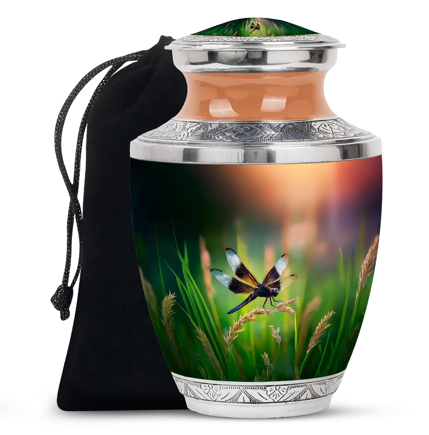 Vivid Teal Dragonfly Cremation Urn side profile showing urn shape - artistic dragonfly interpretation with creative detail - full-size 10 inch 200 cubic inch adult cremation urn