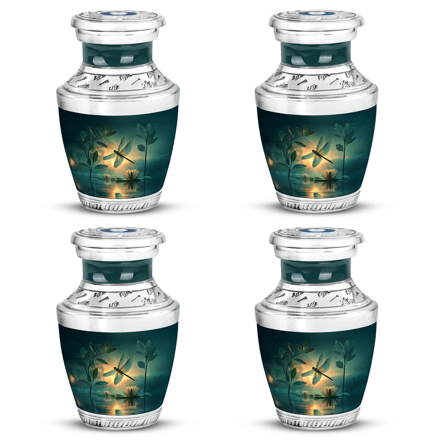 Sea Green Teal Dragonfly Cremation Urn back view with polished surface - modern art-inspired dragonfly motif on sleek aluminum - 10 inch aluminum urn for cremated remains