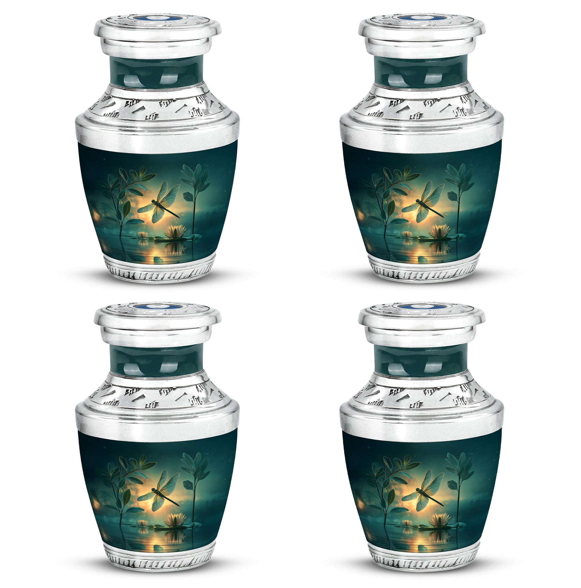 Sea Green Teal Dragonfly Cremation Urn back view with polished surface - modern art-inspired dragonfly motif on sleek aluminum - 10 inch aluminum urn for cremated remains