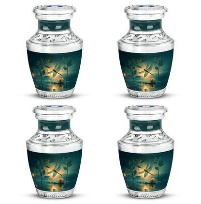 Sea Green Teal Dragonfly Cremation Urn back view with polished surface - modern art-inspired dragonfly motif on sleek aluminum - 10 inch aluminum urn for cremated remains