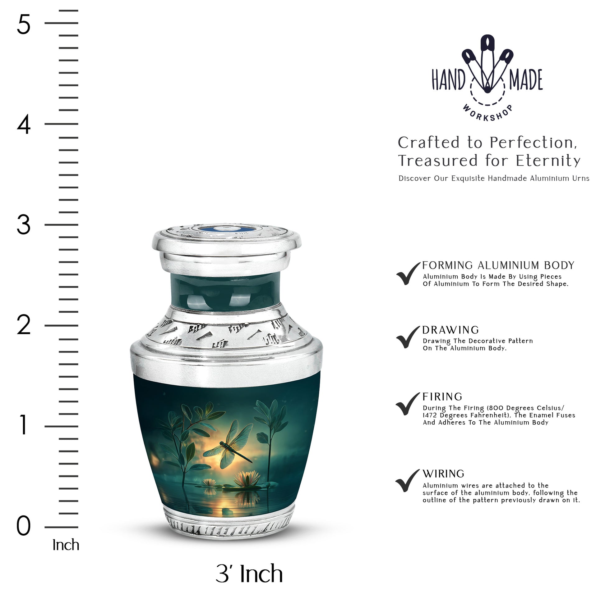 Tropical Teal Dragonfly Cremation Urn top-down view of secure threaded lid - artistic dragonfly interpretation with creative detail - mini keepsake memorial for portion of cremation ashes