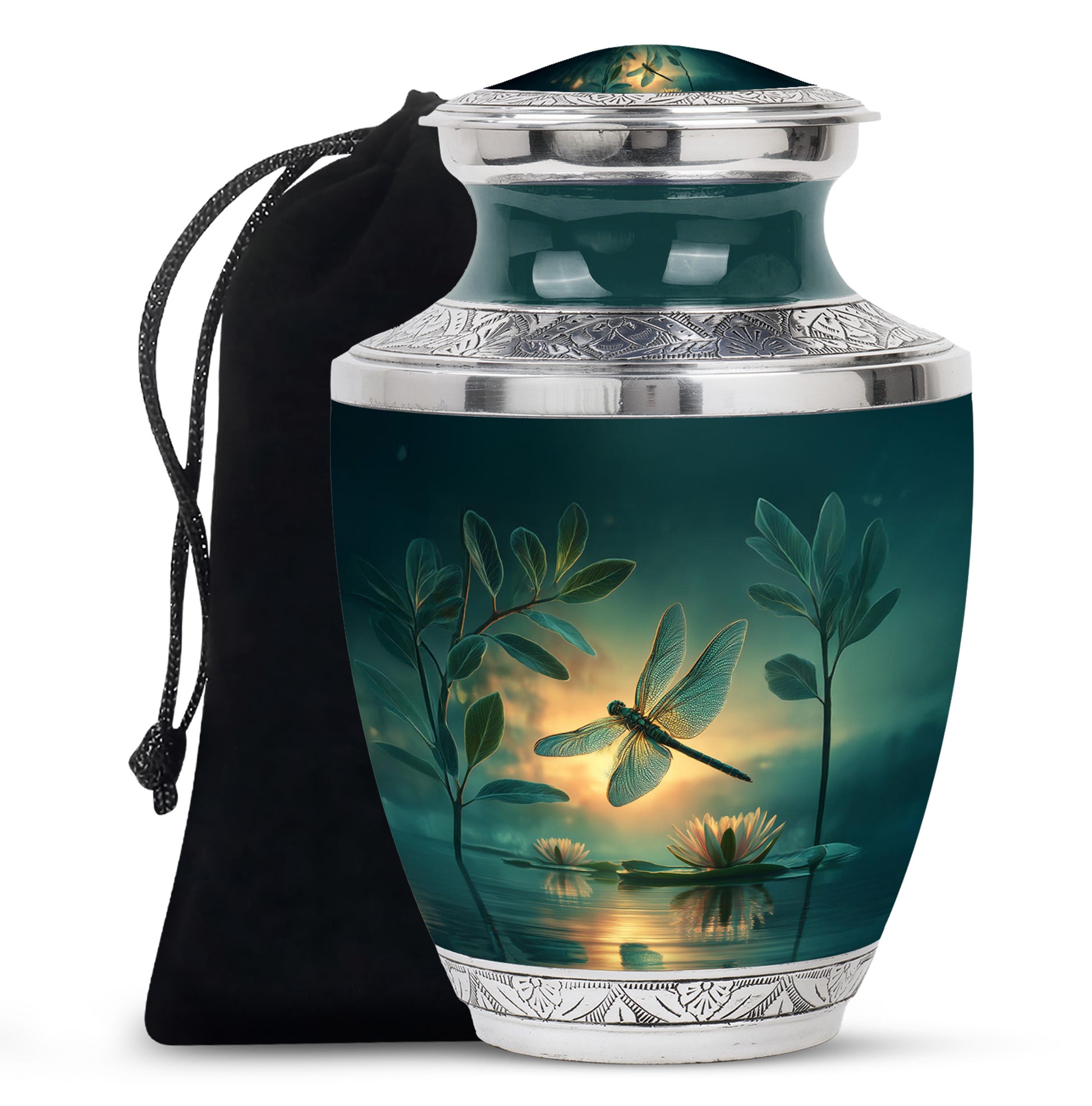 Soft Teal Dragonfly Cremation Urn side profile showing urn shape - modern art-inspired dragonfly motif on sleek aluminum - full-size 10 inch 200 cubic inch adult cremation urn