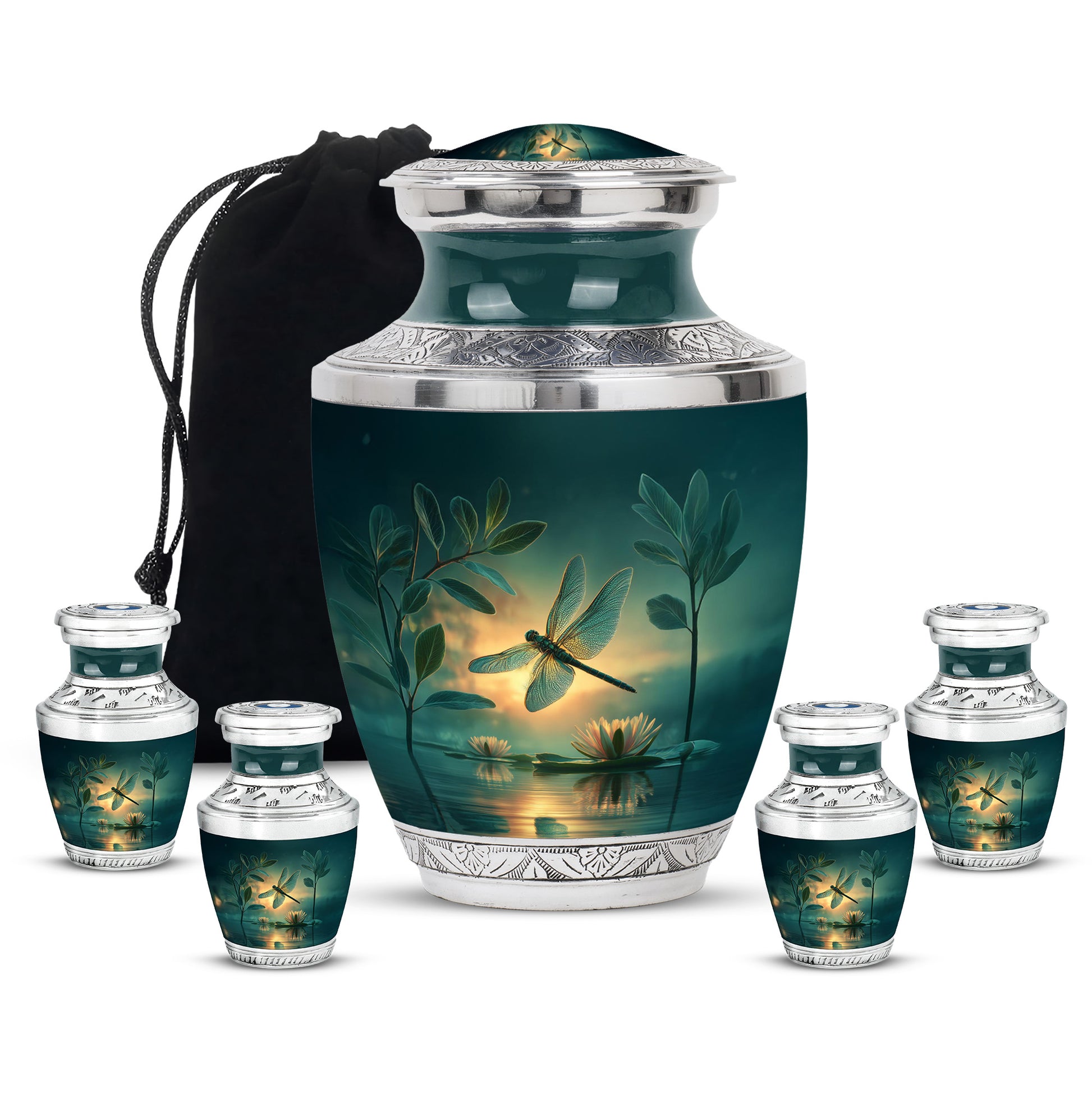 Aqua Teal Dragonfly Cremation Urn lifestyle display on memorial shelf - stylized abstract dragonfly pattern with bold lines - memorial set with one large and four small urns