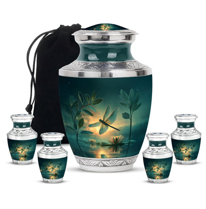 Aqua Teal Dragonfly Cremation Urn lifestyle display on memorial shelf - stylized abstract dragonfly pattern with bold lines - memorial set with one large and four small urns