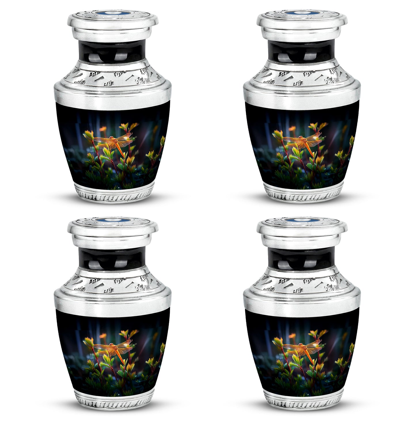 Dark Black Dragonfly Cremation Urn back view with polished surface - stylized abstract dragonfly pattern with bold lines - 10 inch aluminum urn for cremated remains
