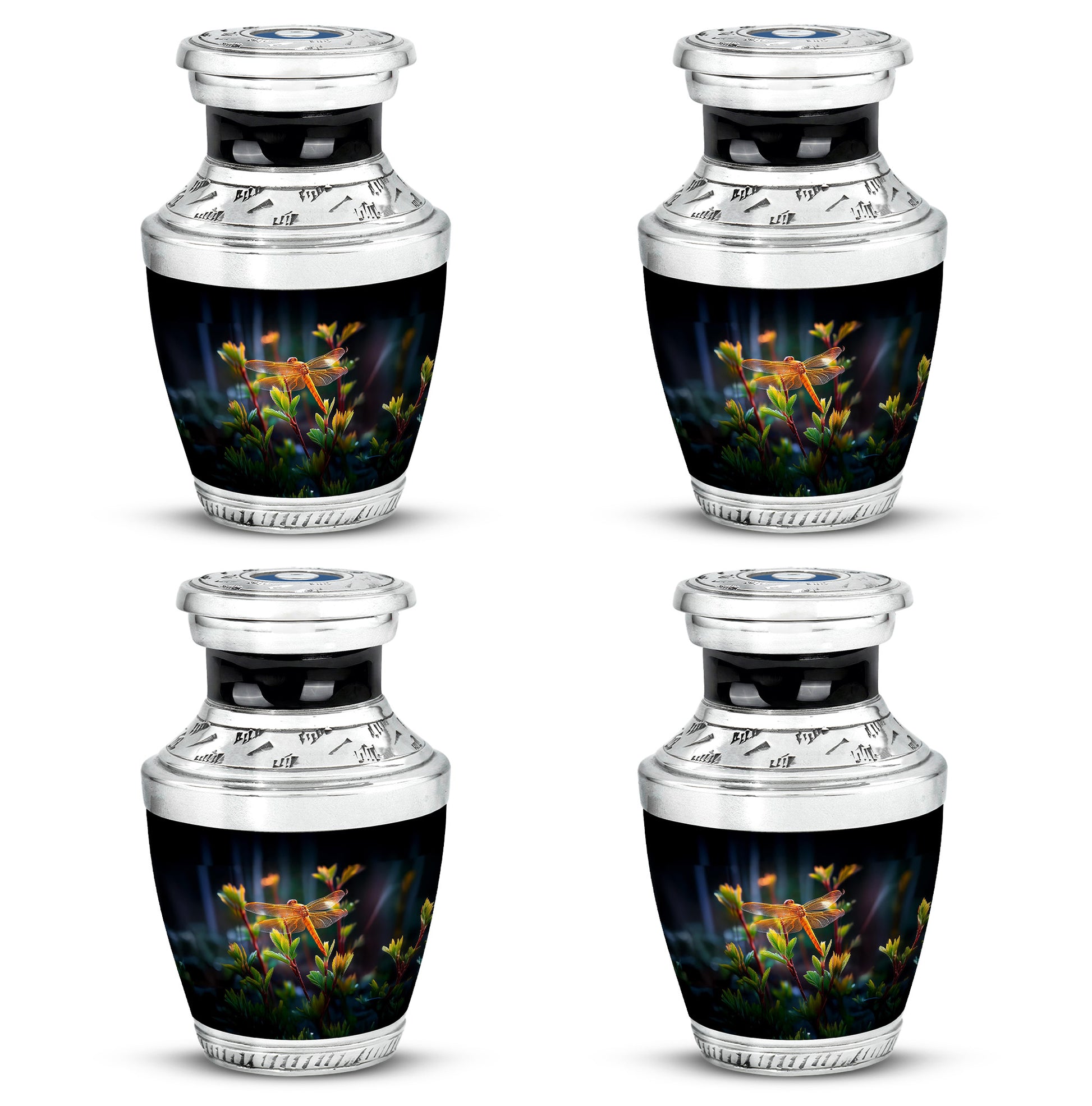 Dark Black Dragonfly Cremation Urn back view with polished surface - stylized abstract dragonfly pattern with bold lines - 10 inch aluminum urn for cremated remains