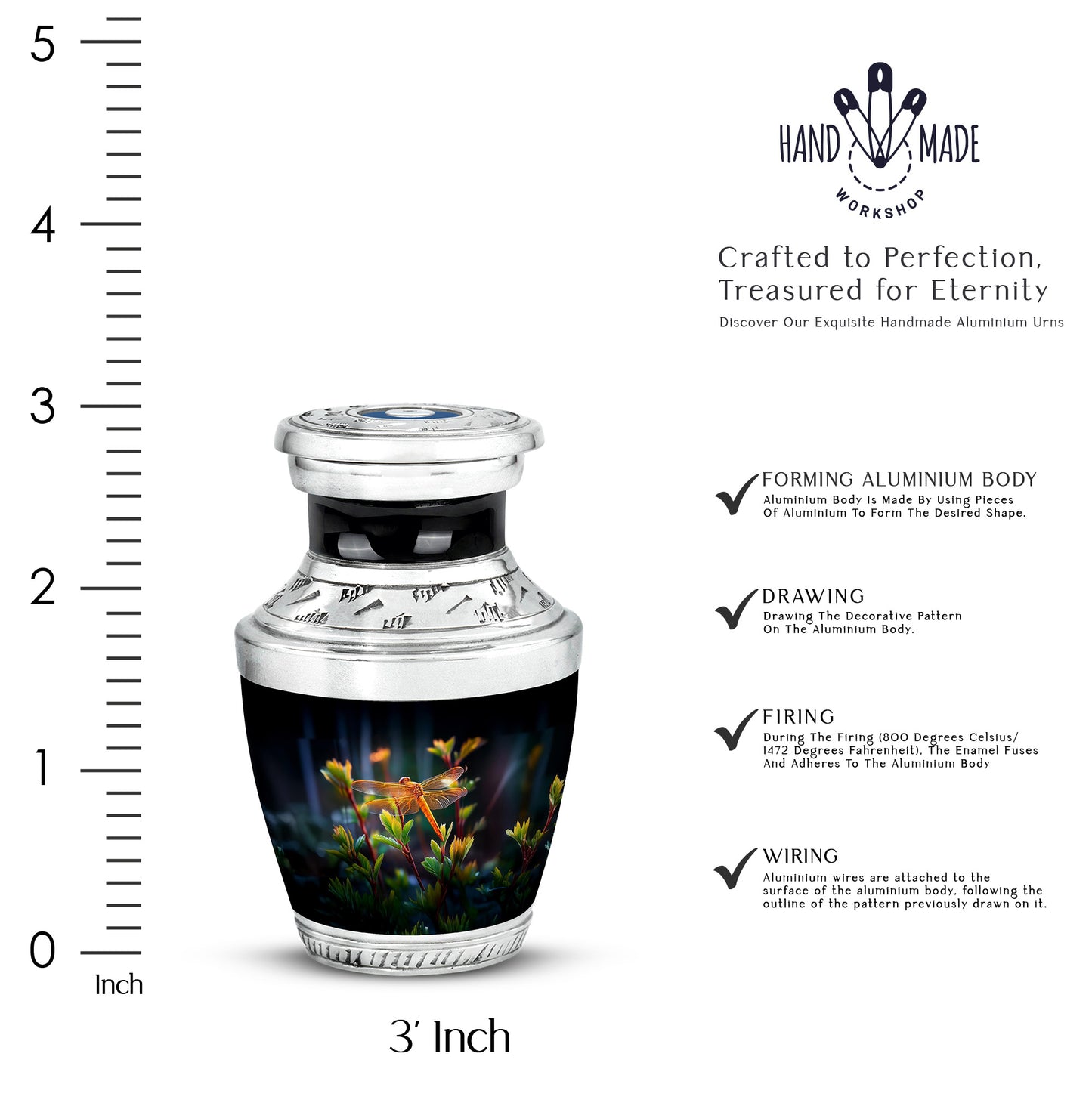 Onyx Black Dragonfly Cremation Urn top-down view of secure threaded lid - stylized abstract dragonfly pattern with bold lines - mini keepsake memorial for portion of cremation ashes