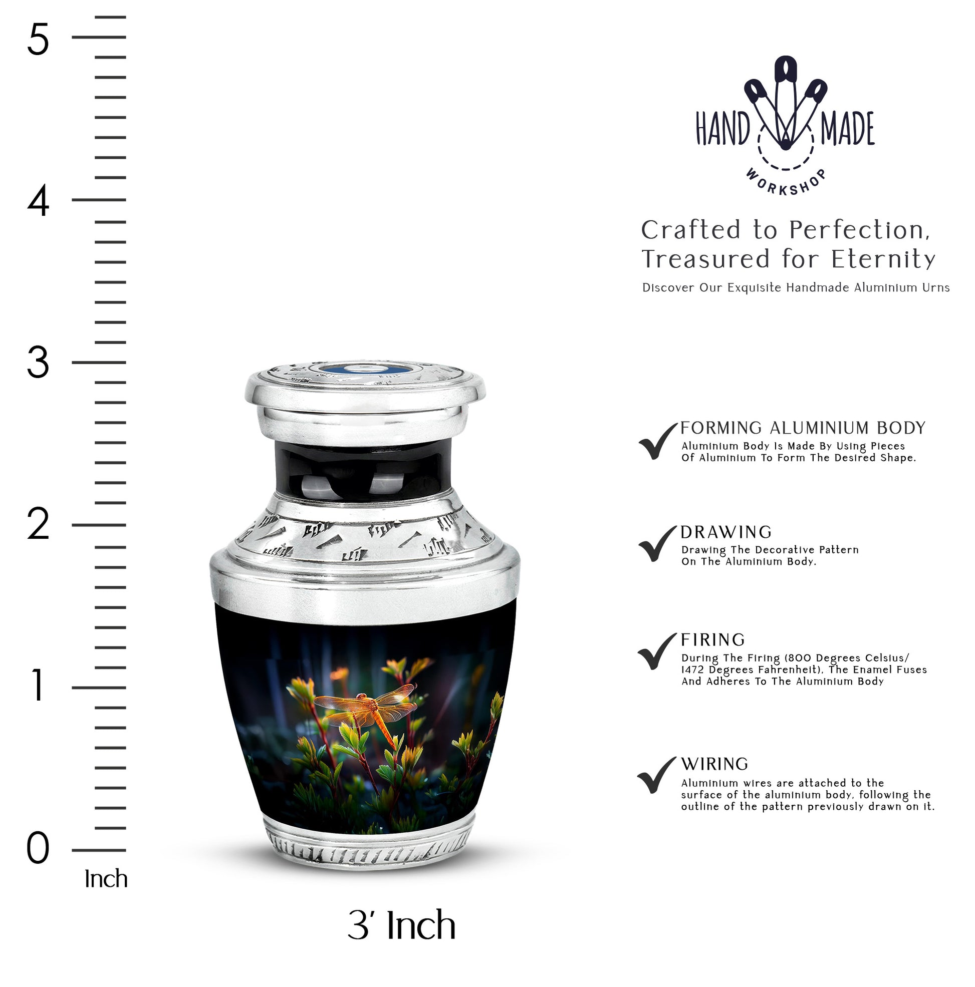Onyx Black Dragonfly Cremation Urn top-down view of secure threaded lid - stylized abstract dragonfly pattern with bold lines - mini keepsake memorial for portion of cremation ashes