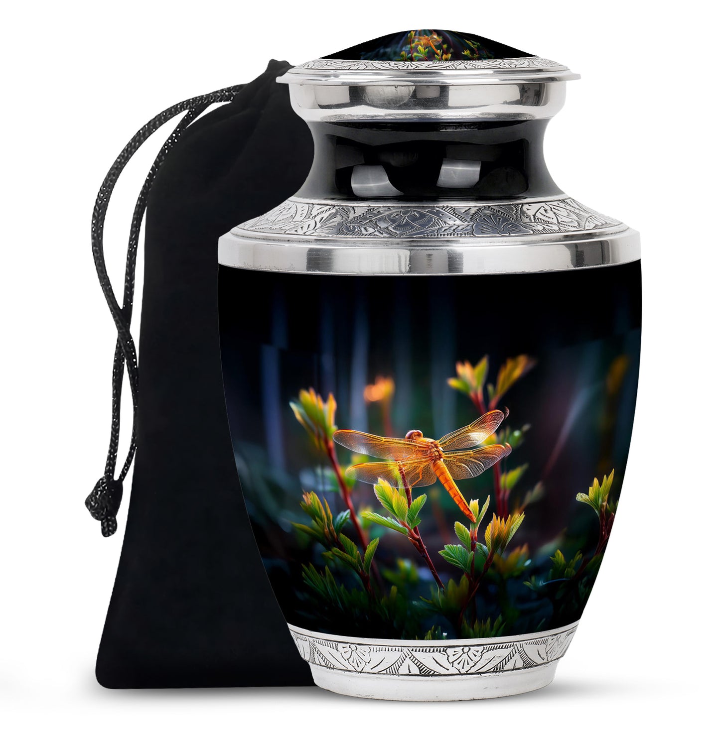 Ebony Dragonfly Cremation Urn side profile showing urn shape - contemporary dragonfly design with modern artistic flair - full-size 10 inch 200 cubic inch adult cremation urn
