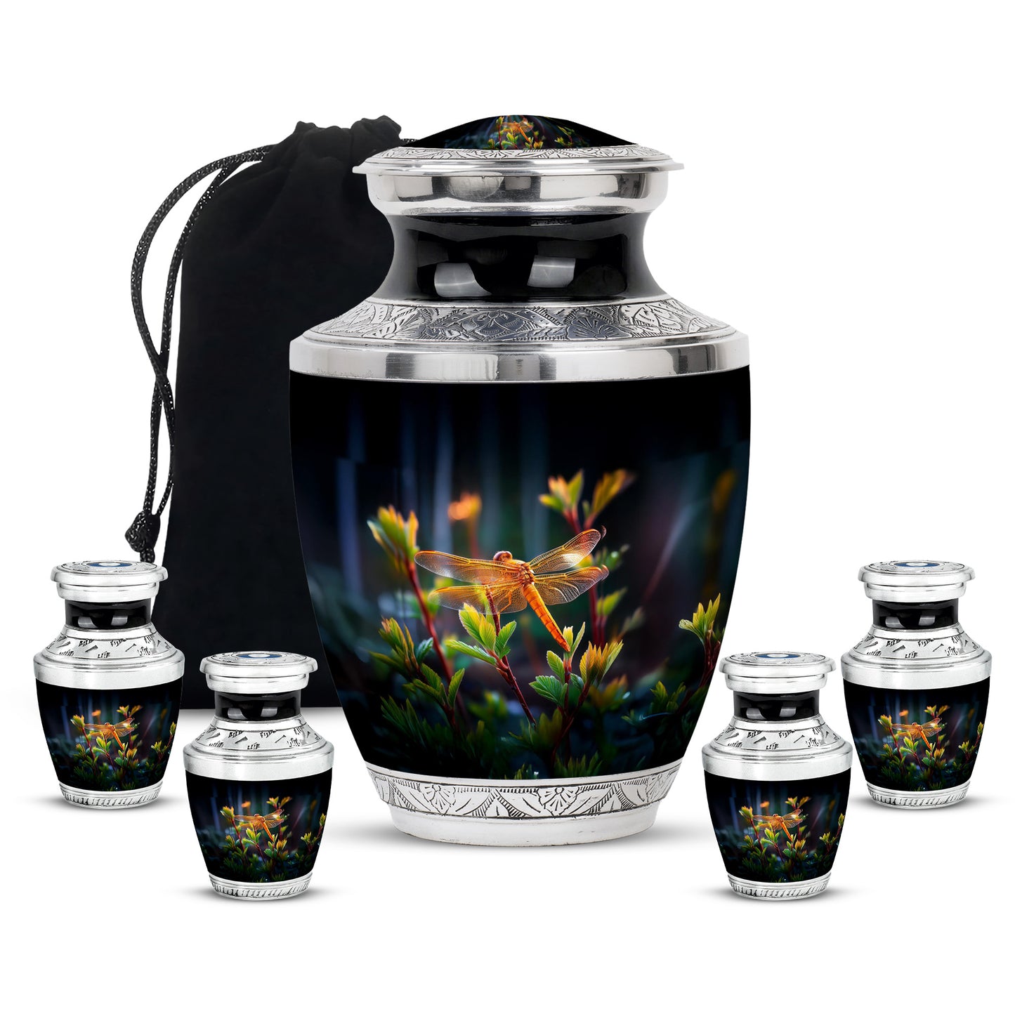 Glossy Black Dragonfly Cremation Urn lifestyle display on memorial shelf - modern art-inspired dragonfly motif on sleek aluminum - memorial set with one large and four small urns