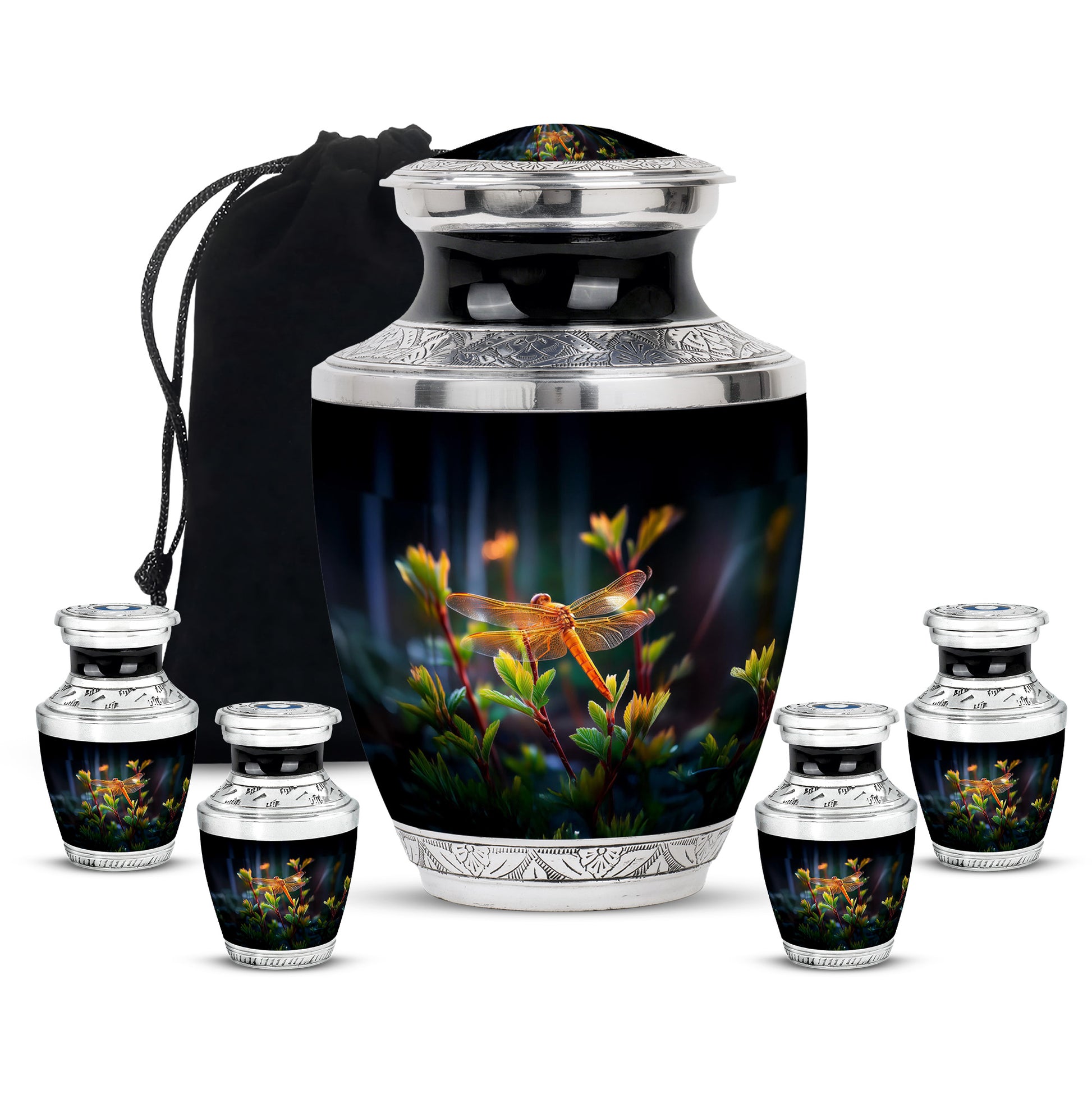 Glossy Black Dragonfly Cremation Urn lifestyle display on memorial shelf - modern art-inspired dragonfly motif on sleek aluminum - memorial set with one large and four small urns