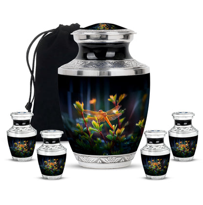 Glossy Black Dragonfly Cremation Urn lifestyle display on memorial shelf - modern art-inspired dragonfly motif on sleek aluminum - memorial set with one large and four small urns