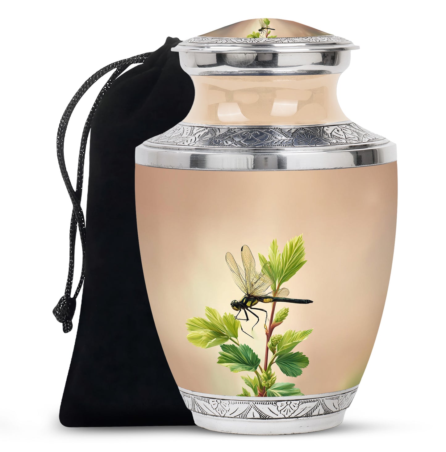 Burnished Gold Dragonfly Cremation Urn side profile showing urn shape - stylized abstract dragonfly pattern with bold lines - full-size 10 inch 200 cubic inch adult cremation urn