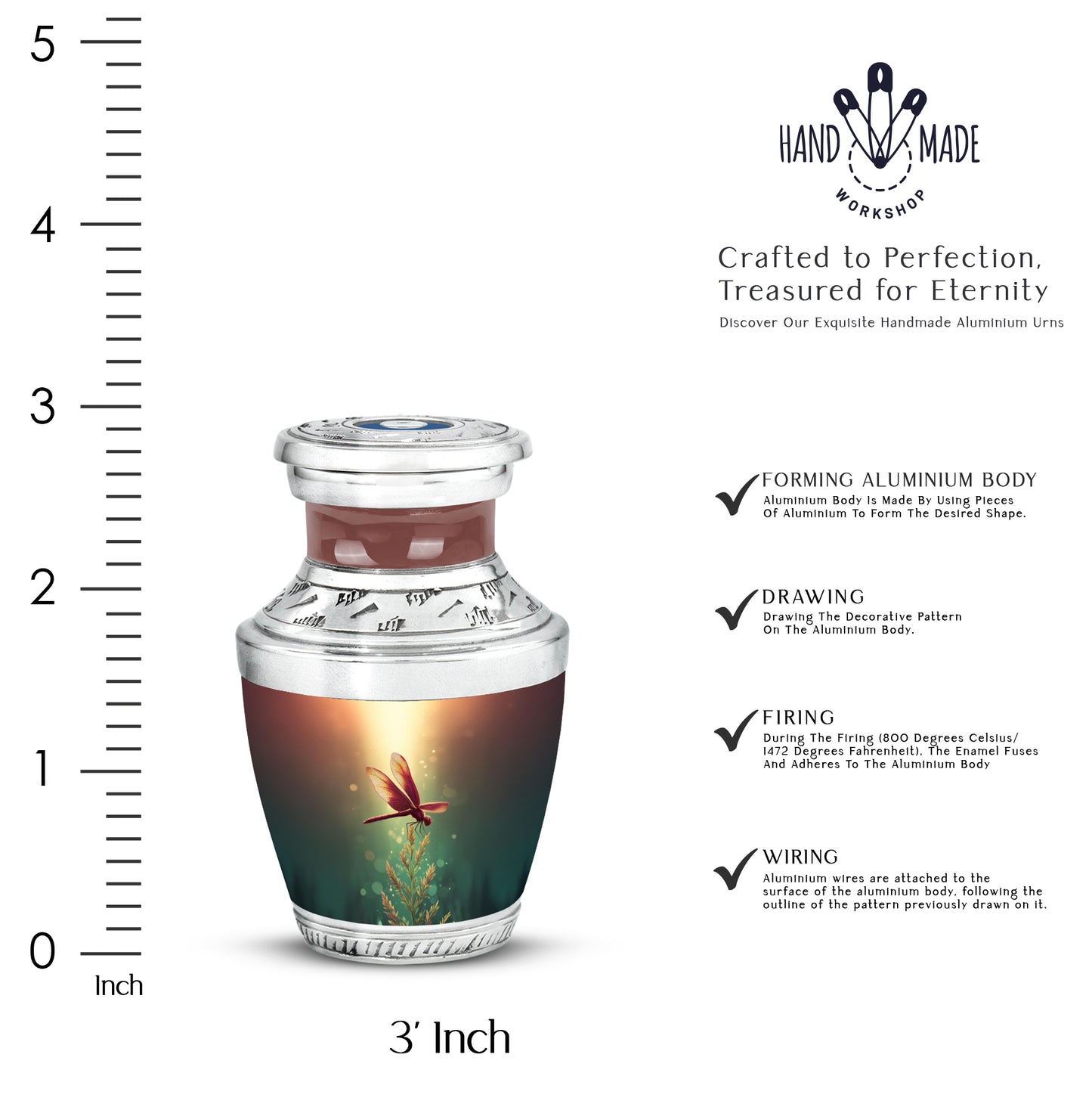 Harvest Gold Dragonfly Cremation Urn top-down view of secure threaded lid - stylized abstract dragonfly pattern with bold lines - mini keepsake memorial for portion of cremation ashes