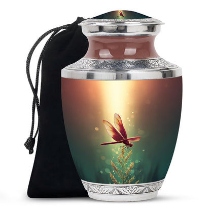 Harvest Gold Dragonfly Cremation Urn side profile showing urn shape - artistic dragonfly interpretation with creative detail - full-size 10 inch 200 cubic inch adult cremation urn