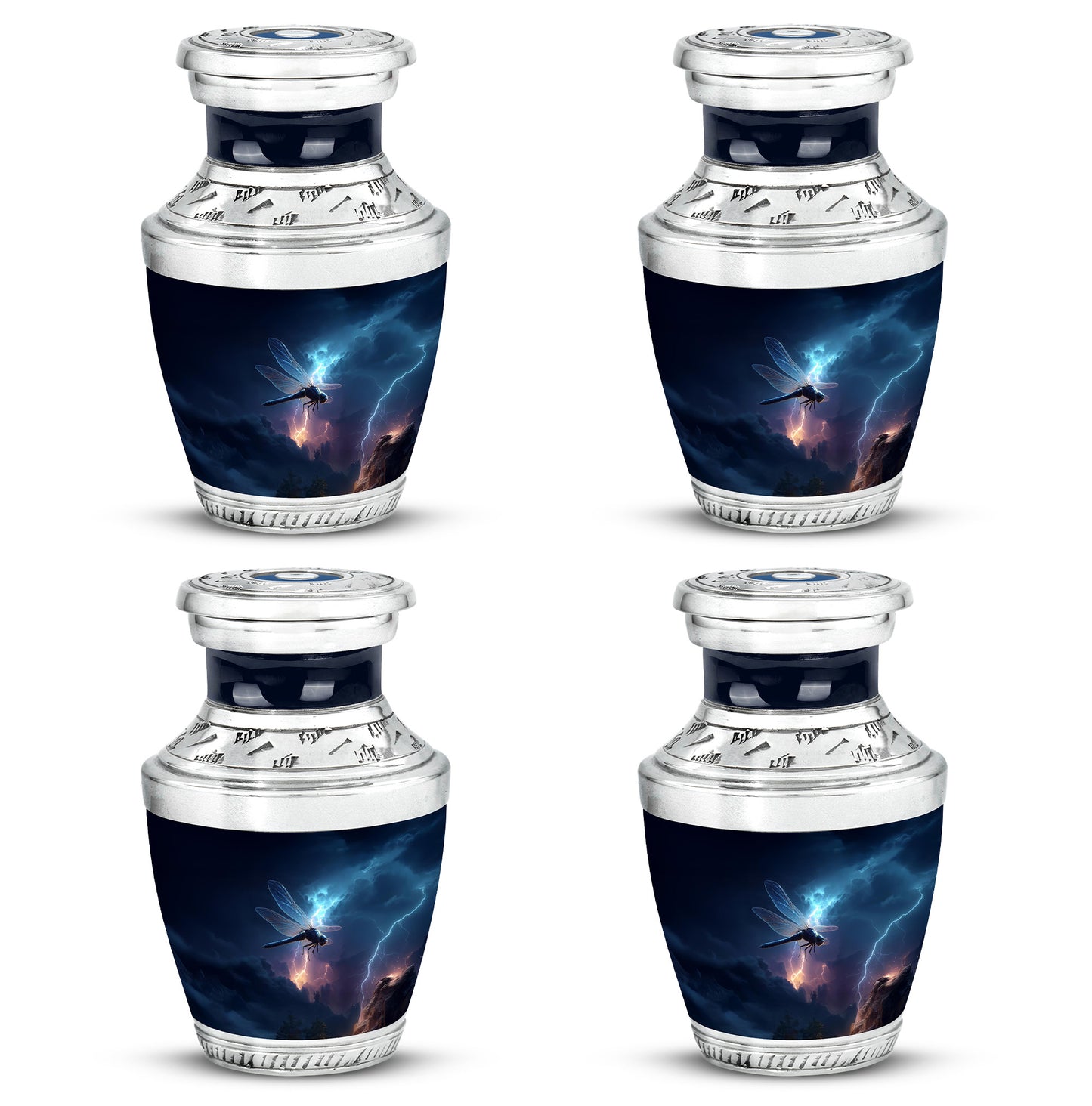 Steel Blue Dragonfly Cremation Urn back view with polished surface - artistic dragonfly interpretation with creative detail - 10 inch aluminum urn for cremated remains
