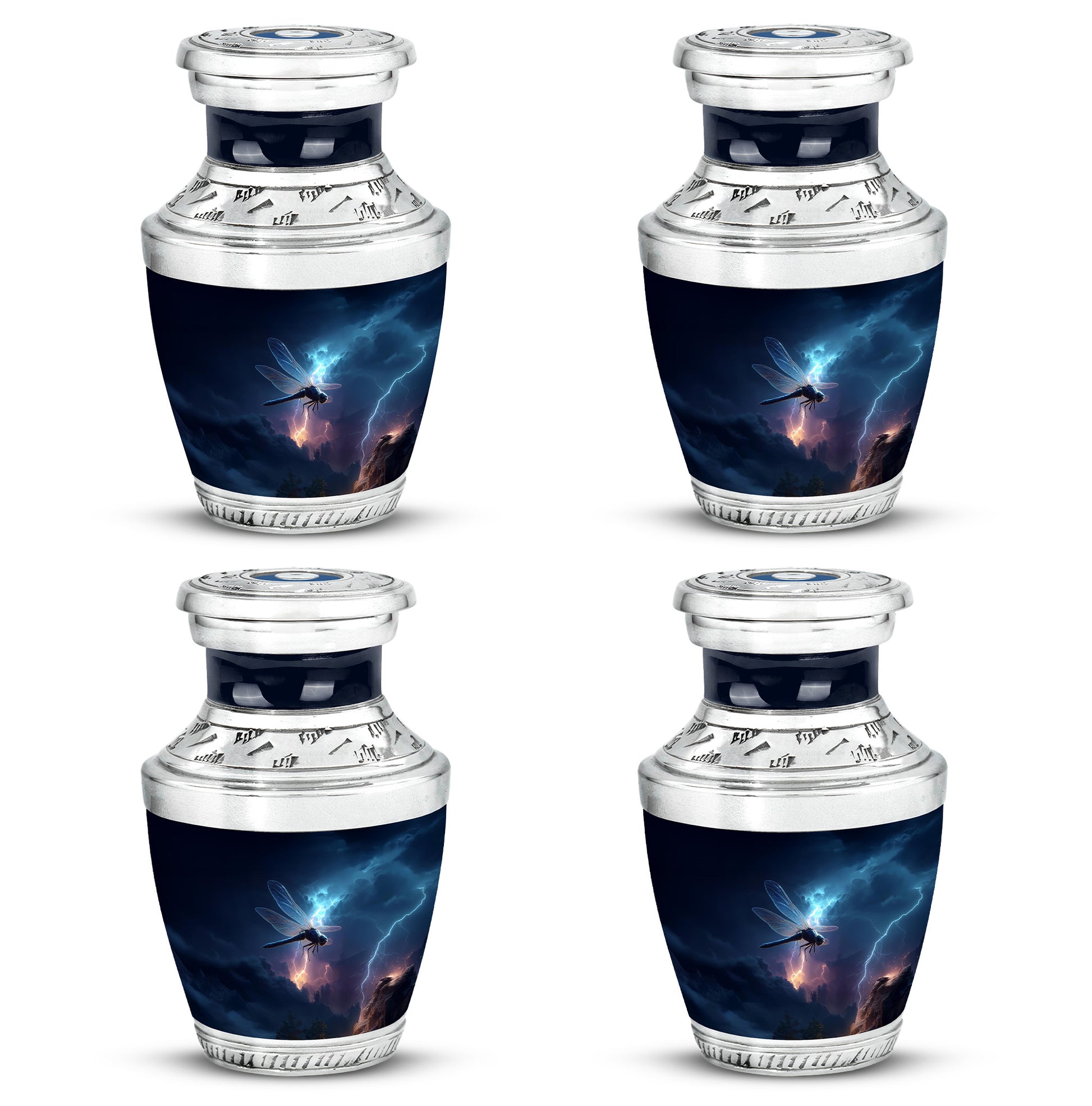 Steel Blue Dragonfly Cremation Urn back view with polished surface - artistic dragonfly interpretation with creative detail - 10 inch aluminum urn for cremated remains