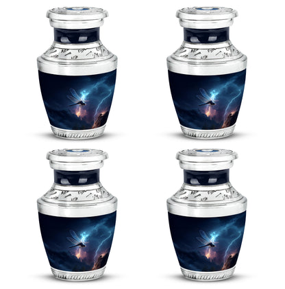 Steel Blue Dragonfly Cremation Urn back view with polished surface - artistic dragonfly interpretation with creative detail - 10 inch aluminum urn for cremated remains