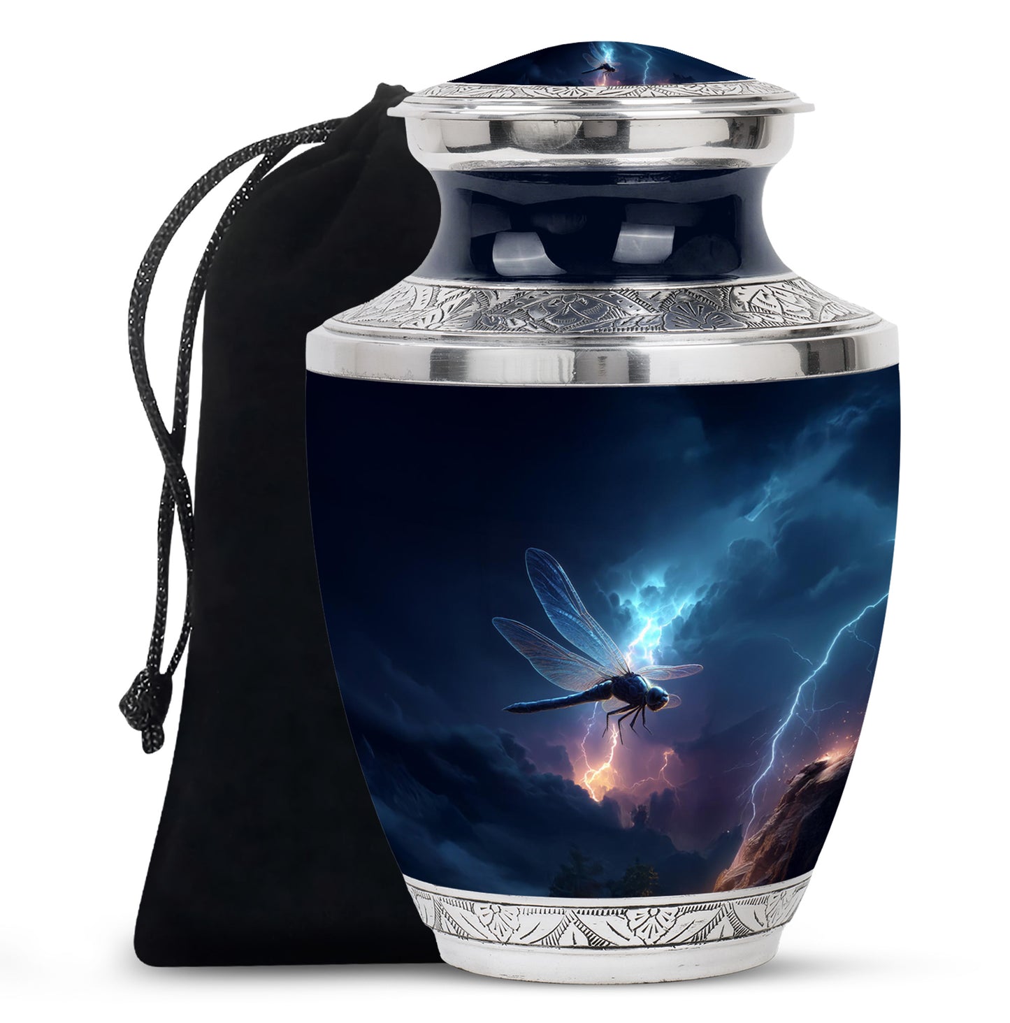 Navy Blue Dragonfly Cremation Urn side profile showing urn shape - contemporary dragonfly design with modern artistic flair - full-size 10 inch 200 cubic inch adult cremation urn
