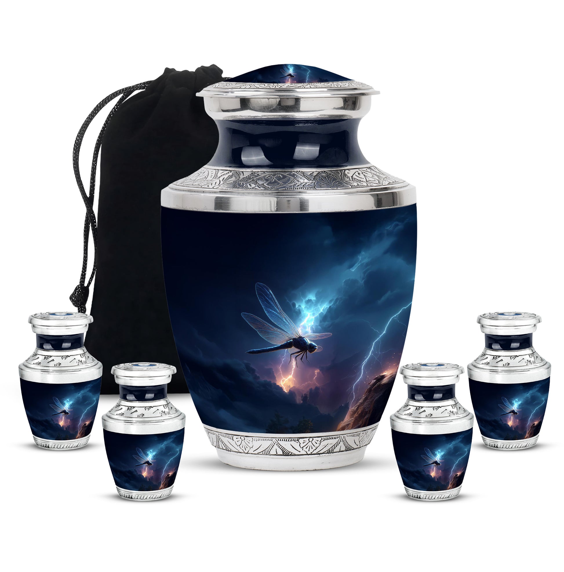 Cobalt Blue Dragonfly Cremation Urn lifestyle display on memorial shelf - stylized abstract dragonfly pattern with bold lines - memorial set with one large and four small urns
