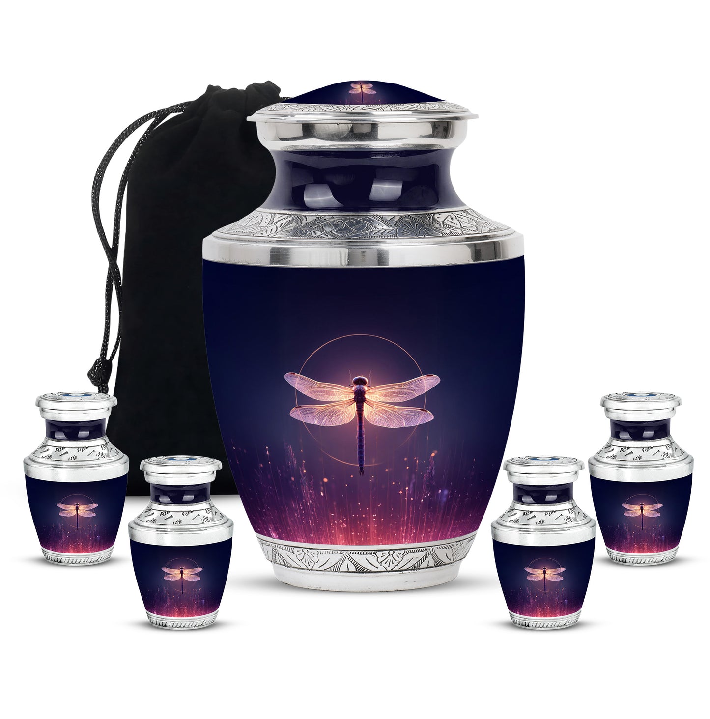 Navy Blue Dragonfly Cremation Urn lifestyle display on memorial shelf - modern art-inspired dragonfly motif on sleek aluminum - memorial set with one large and four small urns