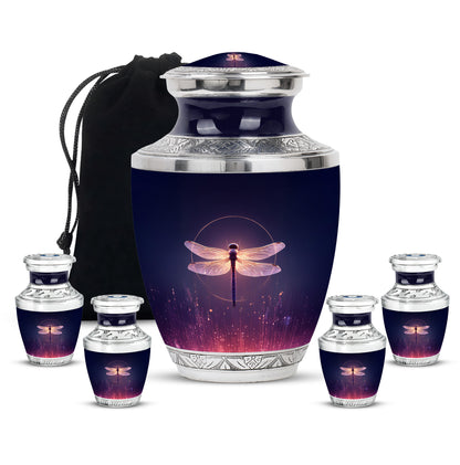 Navy Blue Dragonfly Cremation Urn lifestyle display on memorial shelf - modern art-inspired dragonfly motif on sleek aluminum - memorial set with one large and four small urns