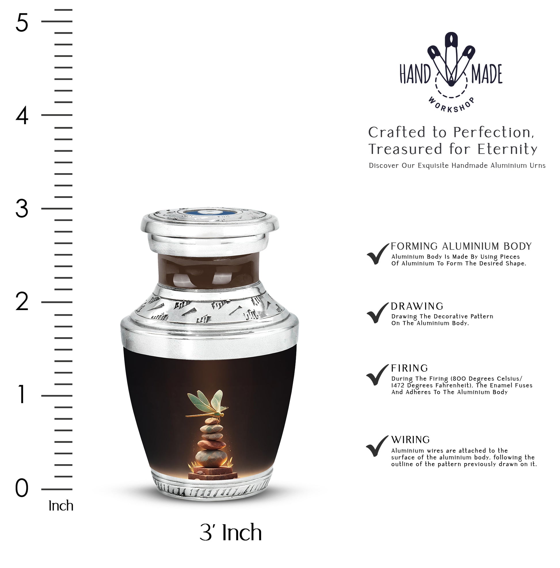 Crimson Red Dragonfly Cremation Urn top-down view of secure threaded lid - modern art-inspired dragonfly motif on sleek aluminum - mini keepsake memorial for portion of cremation ashes