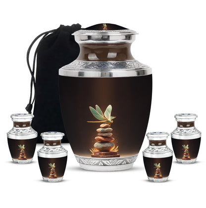 Ruby Red Dragonfly Cremation Urn lifestyle display on memorial shelf - artistic dragonfly interpretation with creative detail - memorial set with one large and four small urns
