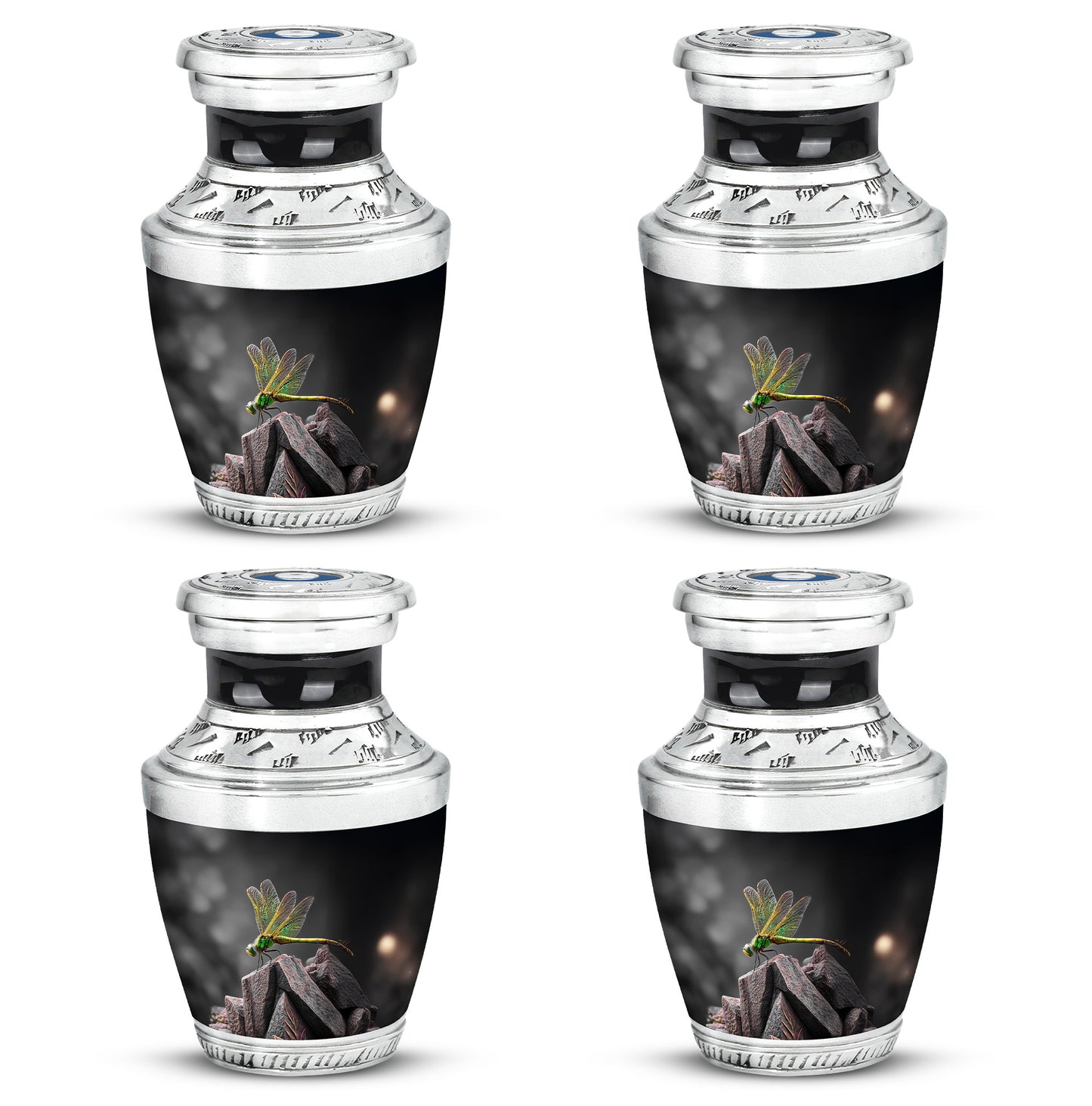 Onyx Black Dragonfly Cremation Urn back view with polished surface - stylized abstract dragonfly pattern with bold lines - 10 inch aluminum urn for cremated remains