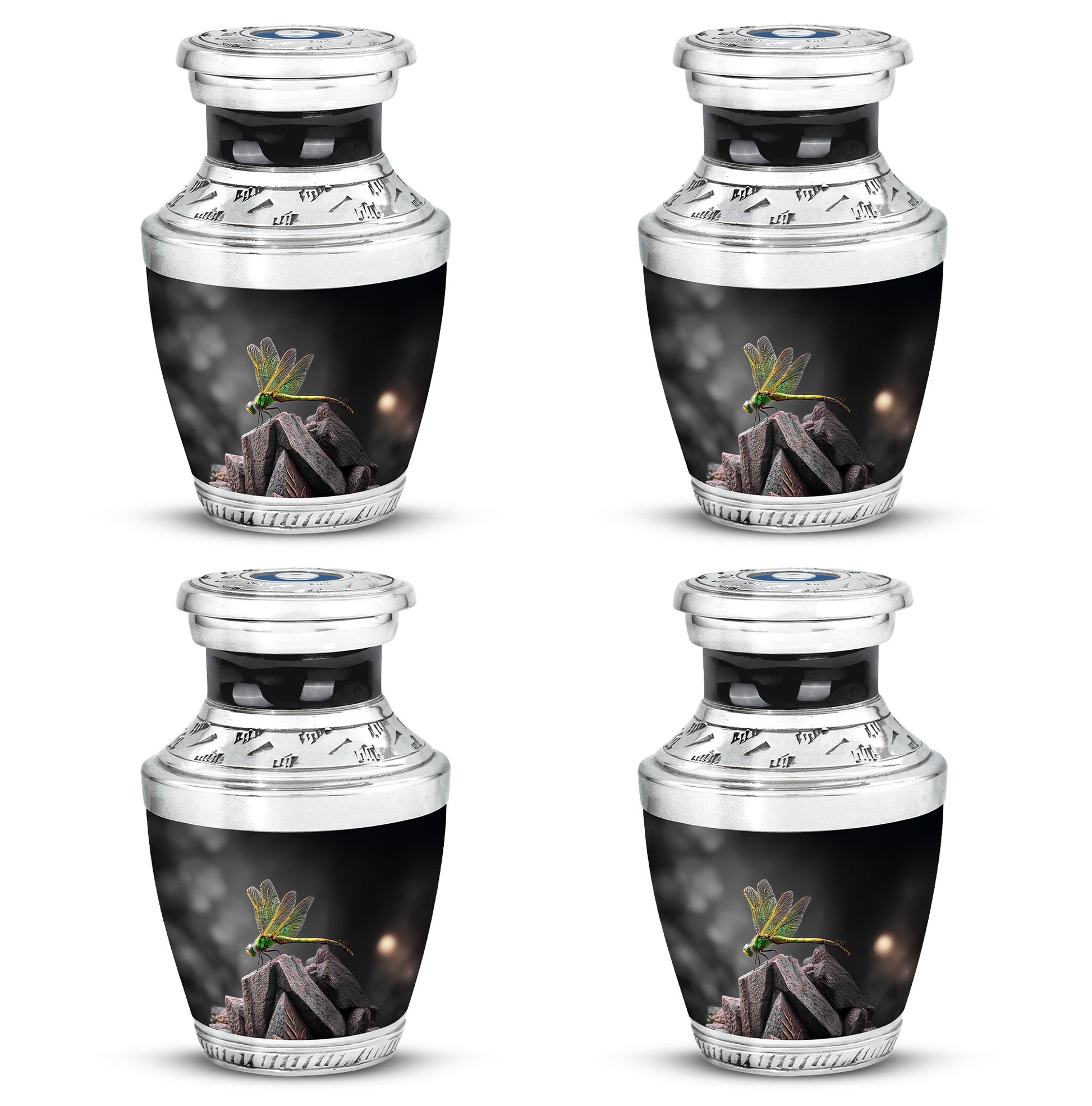 Onyx Black Dragonfly Cremation Urn back view with polished surface - stylized abstract dragonfly pattern with bold lines - 10 inch aluminum urn for cremated remains