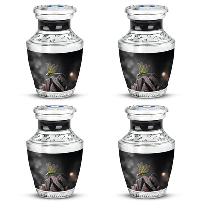 Onyx Black Dragonfly Cremation Urn back view with polished surface - stylized abstract dragonfly pattern with bold lines - 10 inch aluminum urn for cremated remains