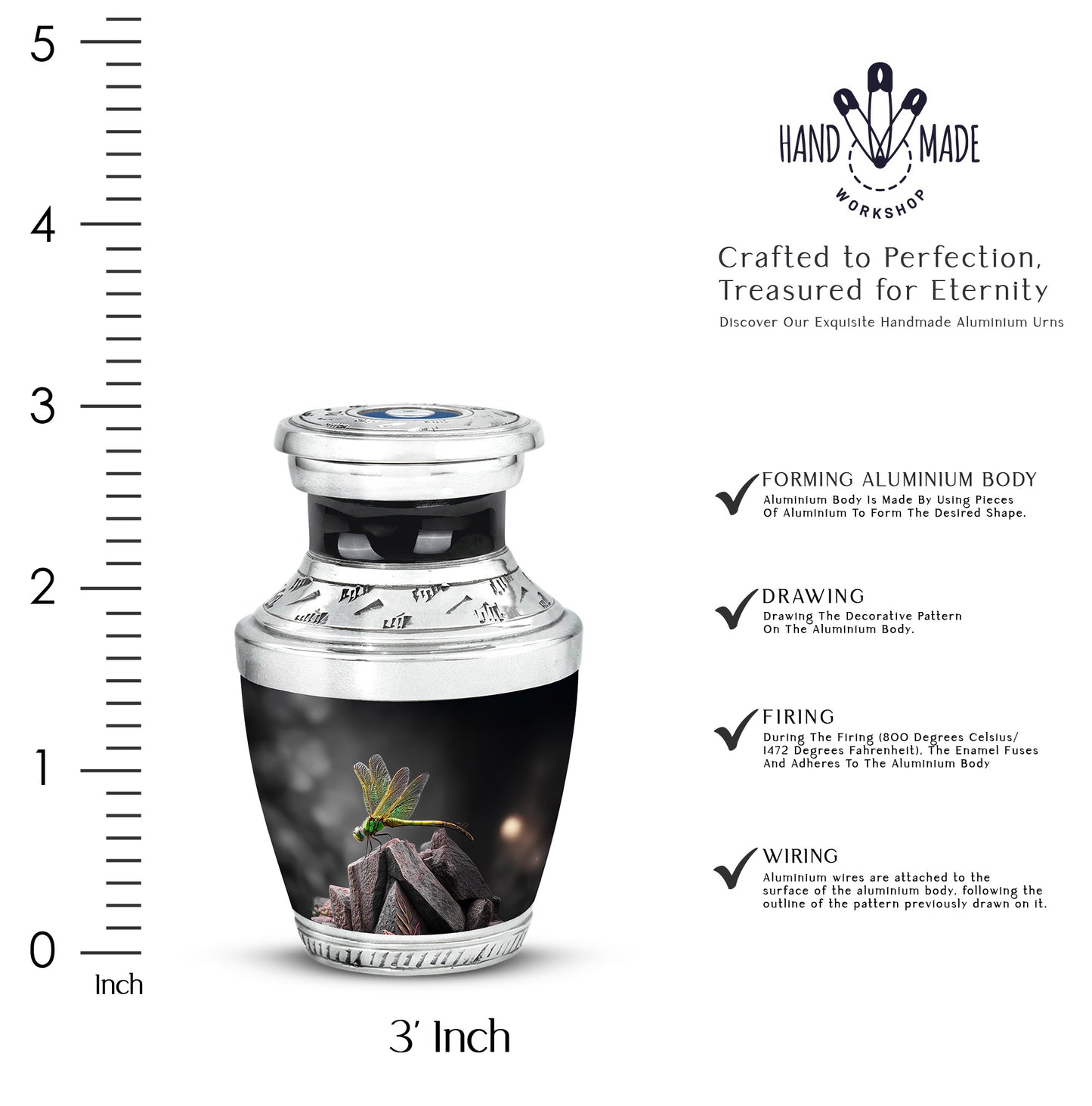 Deep Black Dragonfly Cremation Urn top-down view of secure threaded lid - contemporary dragonfly design with modern artistic flair - mini keepsake memorial for portion of cremation ashes