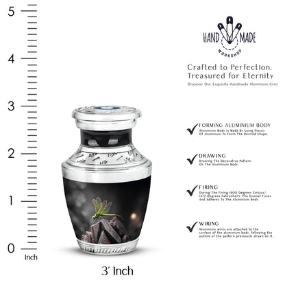 Deep Black Dragonfly Cremation Urn top-down view of secure threaded lid - contemporary dragonfly design with modern artistic flair - mini keepsake memorial for portion of cremation ashes