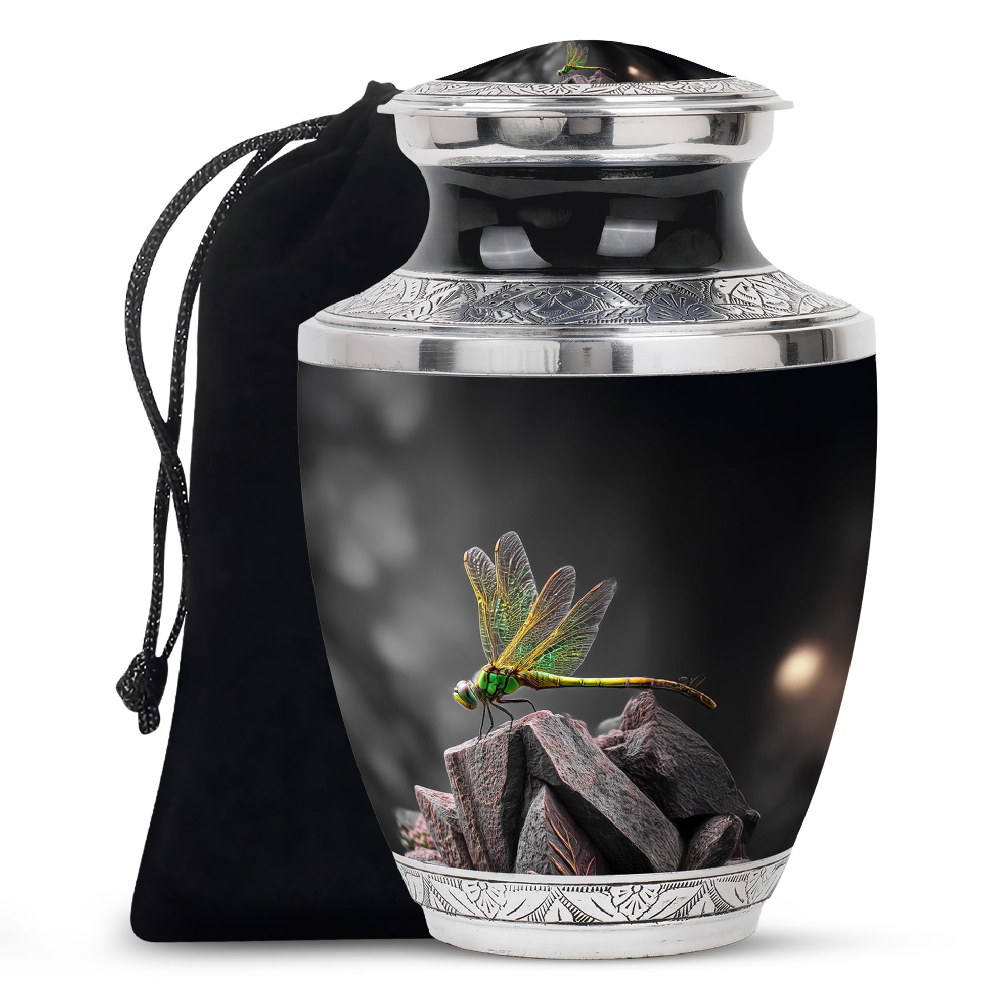 Midnight Black Dragonfly Cremation Urn side profile showing urn shape - artistic dragonfly interpretation with creative detail - full-size 10 inch 200 cubic inch adult cremation urn