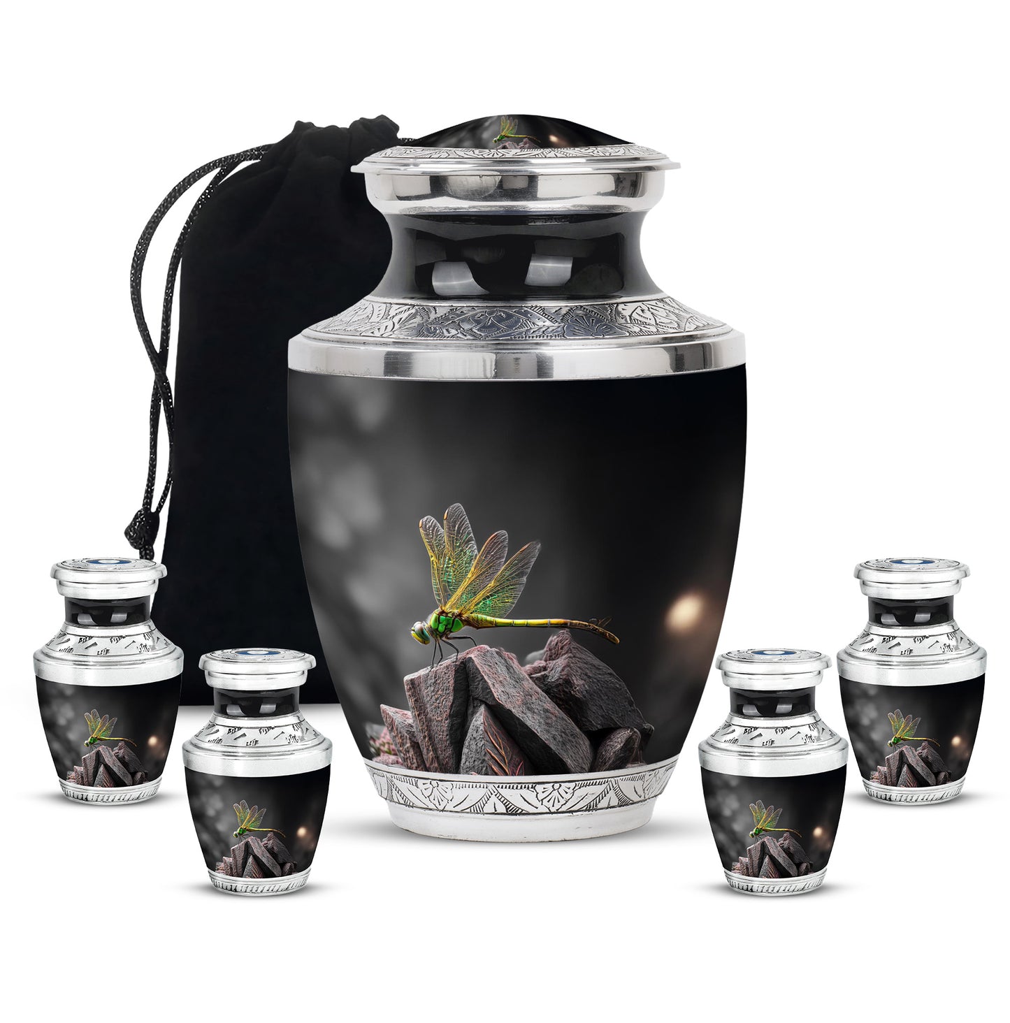 Jet Black Dragonfly Cremation Urn lifestyle display on memorial shelf - contemporary dragonfly design with modern artistic flair - memorial set with one large and four small urns