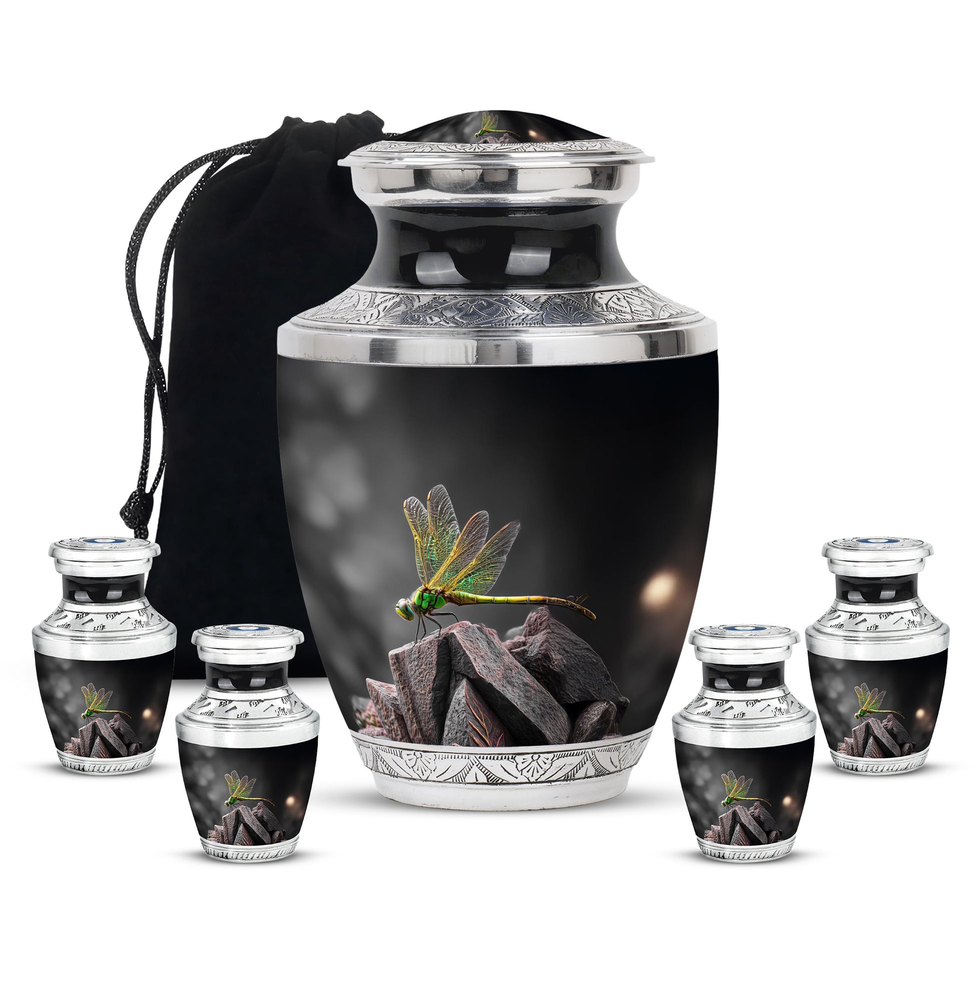 Jet Black Dragonfly Cremation Urn lifestyle display on memorial shelf - contemporary dragonfly design with modern artistic flair - memorial set with one large and four small urns
