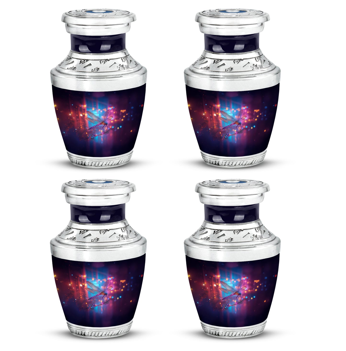 Celestial Blue Dragonfly Cremation Urn back view with polished surface - modern art-inspired dragonfly motif on sleek aluminum - 10 inch aluminum urn for cremated remains