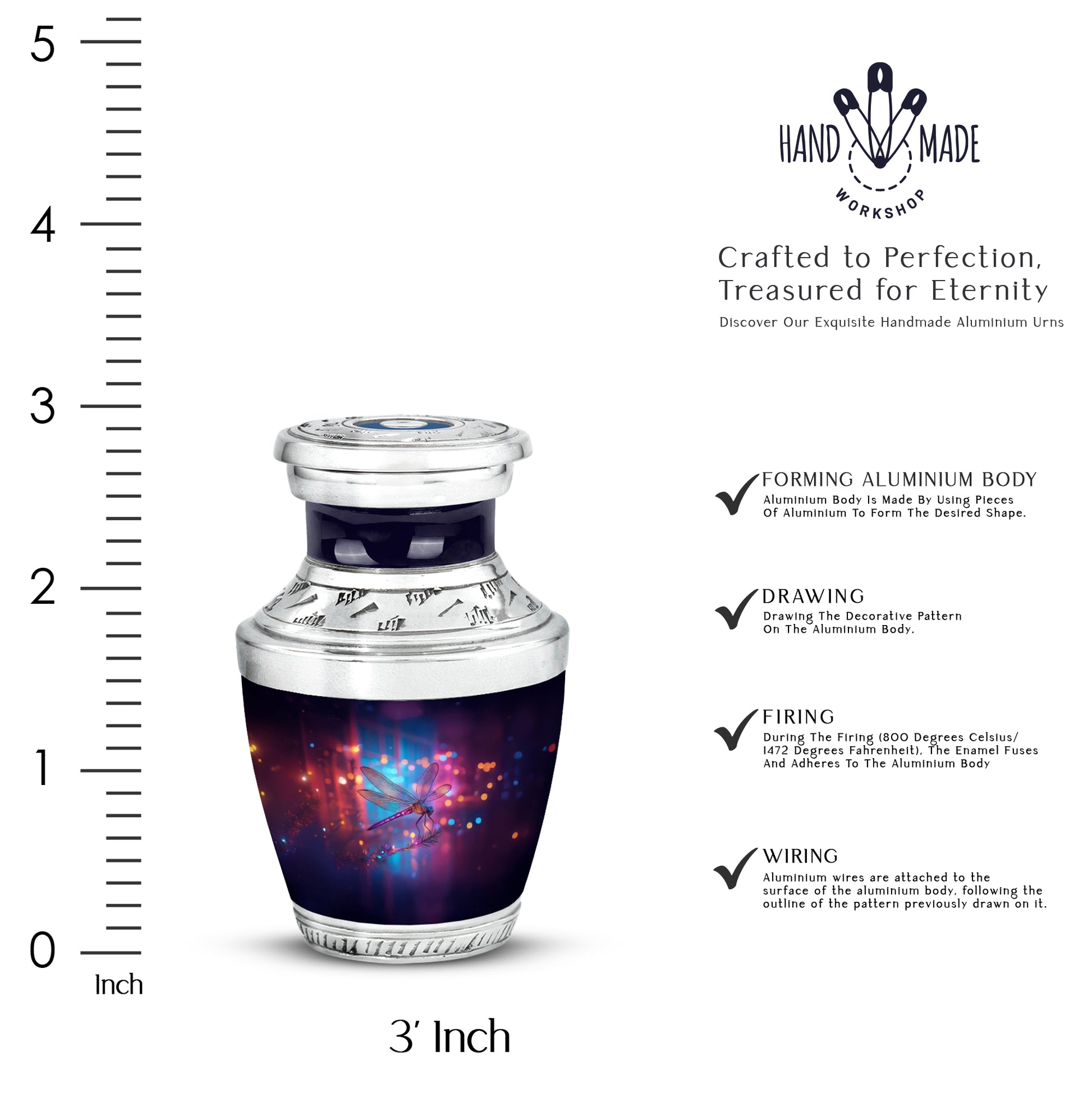 Royal Blue Dragonfly Cremation Urn top-down view of secure threaded lid - artistic dragonfly interpretation with creative detail - mini keepsake memorial for portion of cremation ashes
