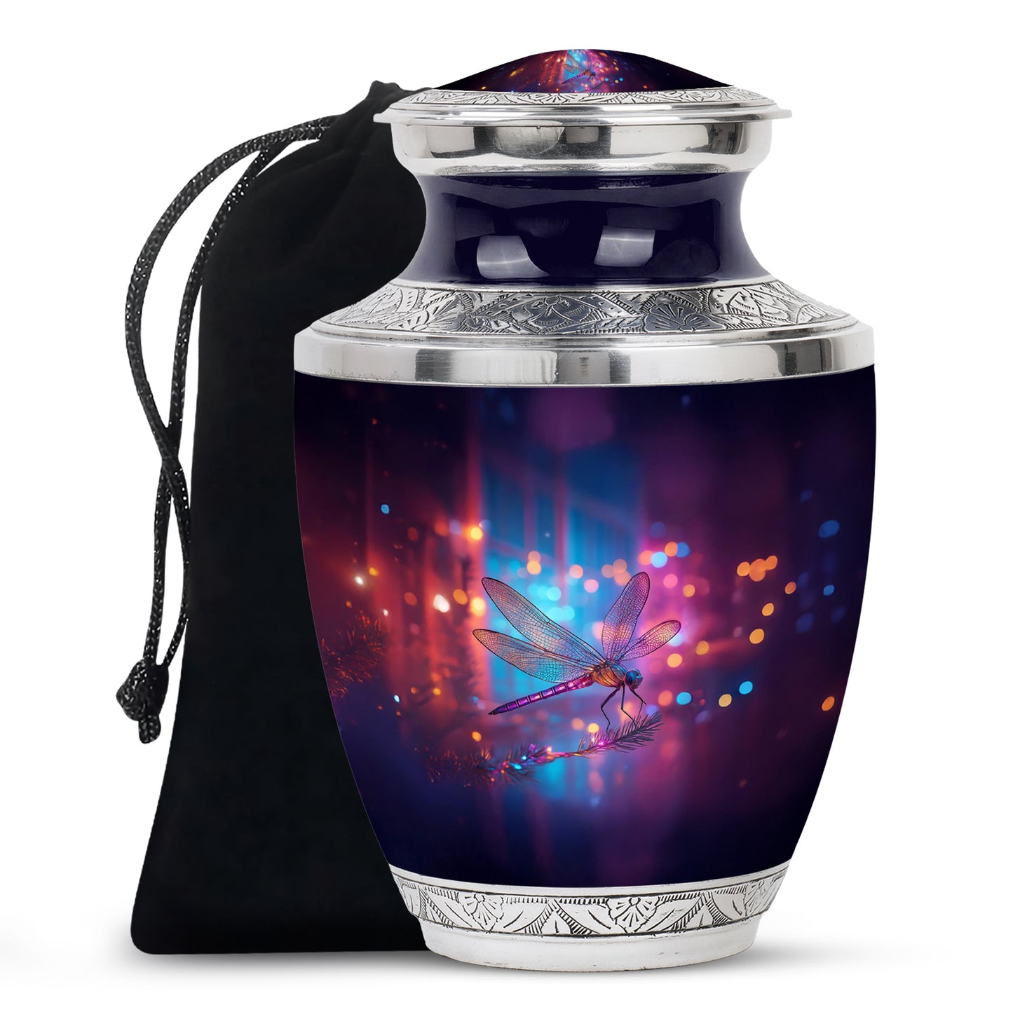 Soft Blue Dragonfly Cremation Urn side profile showing urn shape - artistic dragonfly interpretation with creative detail - full-size 10 inch 200 cubic inch adult cremation urn