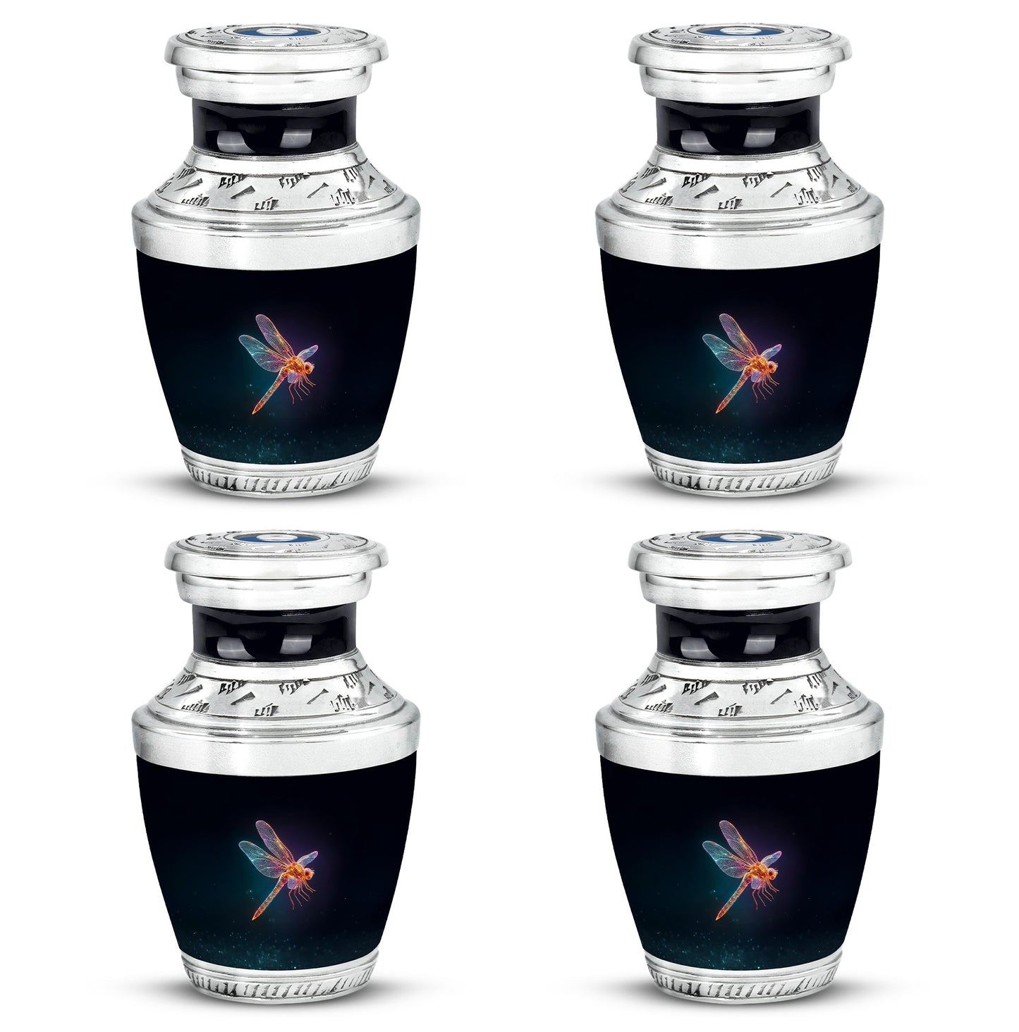 Dark Black Dragonfly Cremation Urn back view with polished surface - stylized abstract dragonfly pattern with bold lines - 10 inch aluminum urn for cremated remains