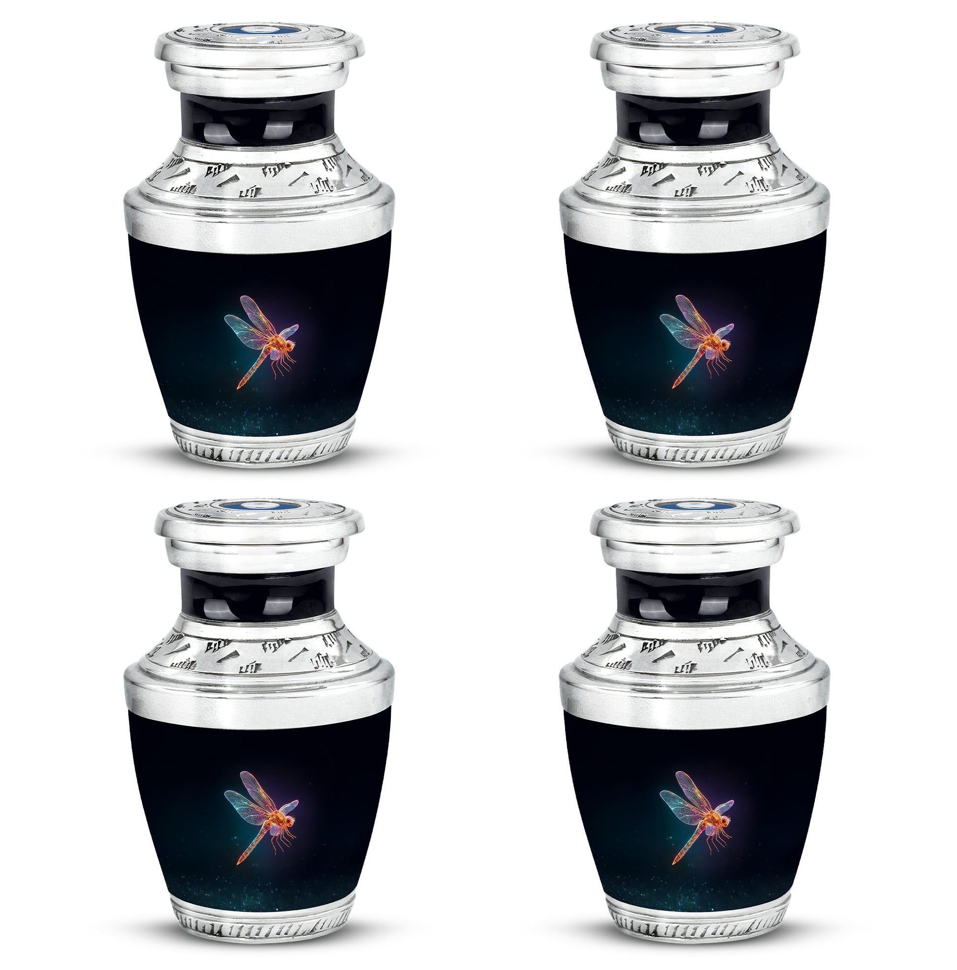 Dark Black Dragonfly Cremation Urn back view with polished surface - stylized abstract dragonfly pattern with bold lines - 10 inch aluminum urn for cremated remains