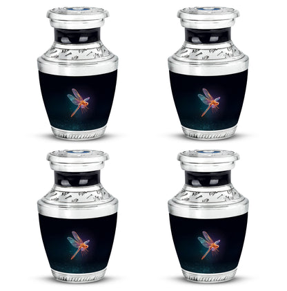 Dark Black Dragonfly Cremation Urn back view with polished surface - stylized abstract dragonfly pattern with bold lines - 10 inch aluminum urn for cremated remains